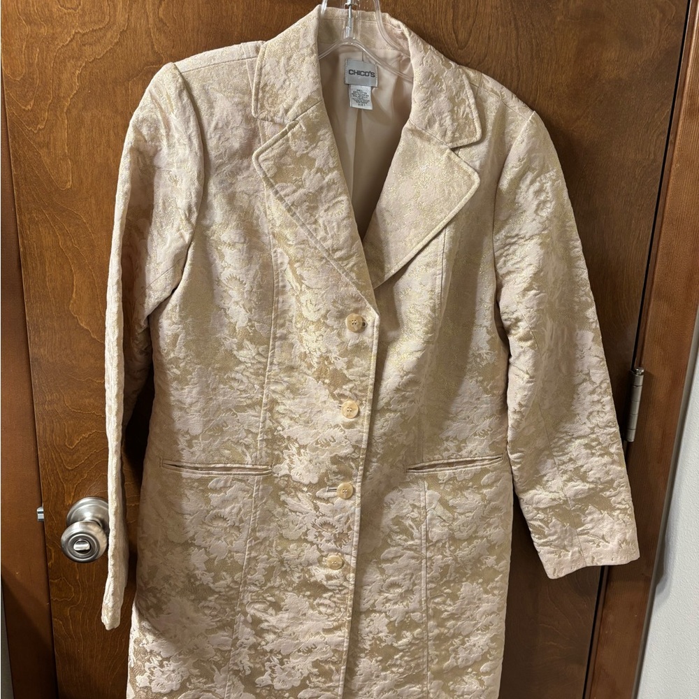 Chico's Cream with Gold Brocade Long Jacket, Sz 1